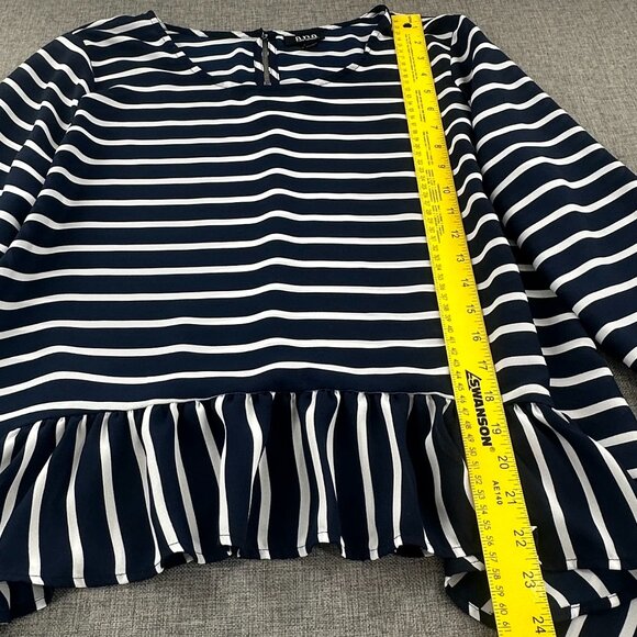 a.n.a A New Approach Top Striped Navy & White Long Sleeve Ruffled Hem Round Neck - Picture 5 of 11